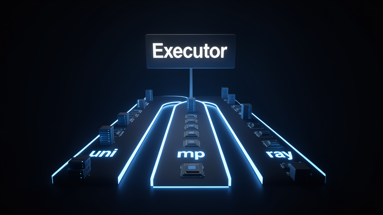 A branching pathway labeled with the uni, mp, and ray executor backends that vLLM selects automatically based on hardware and parallelism settings.