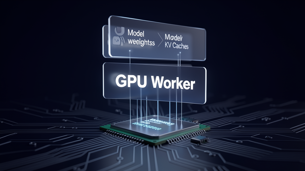 A GPU worker process visualized as a glowing chip with device, model weights, and KV cache cards stacked above it during vLLM's lazy initialization sequence.