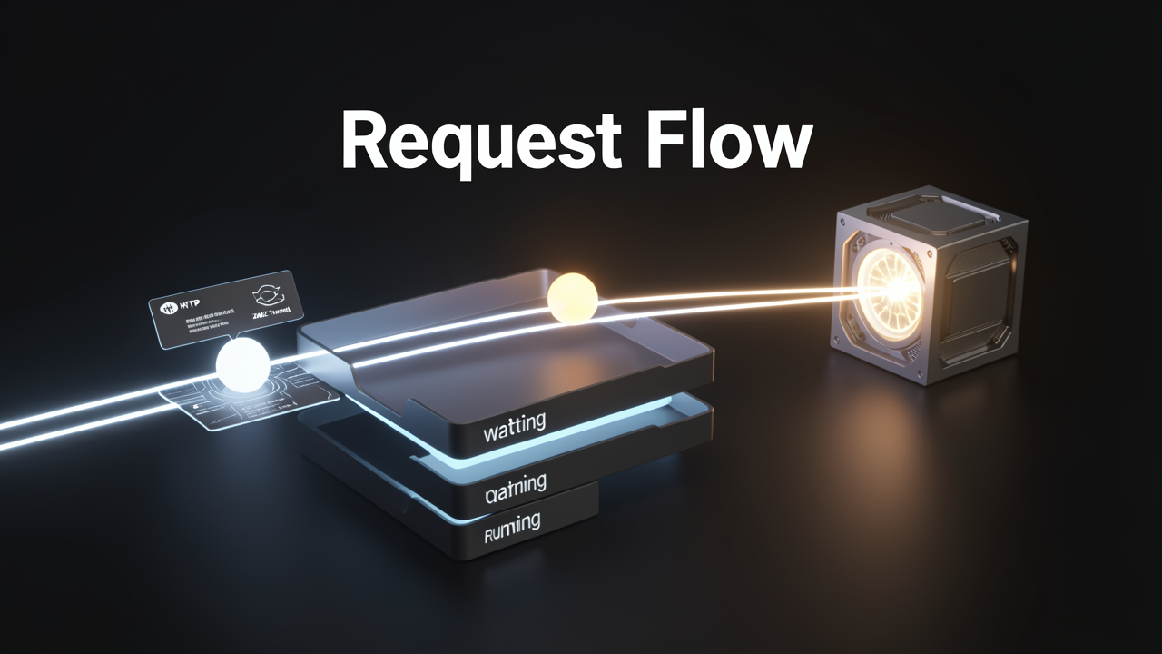 A glowing request sphere flowing from an HTTP endpoint through ZMQ sockets and the scheduler's waiting and running queues into vLLM's engine core.