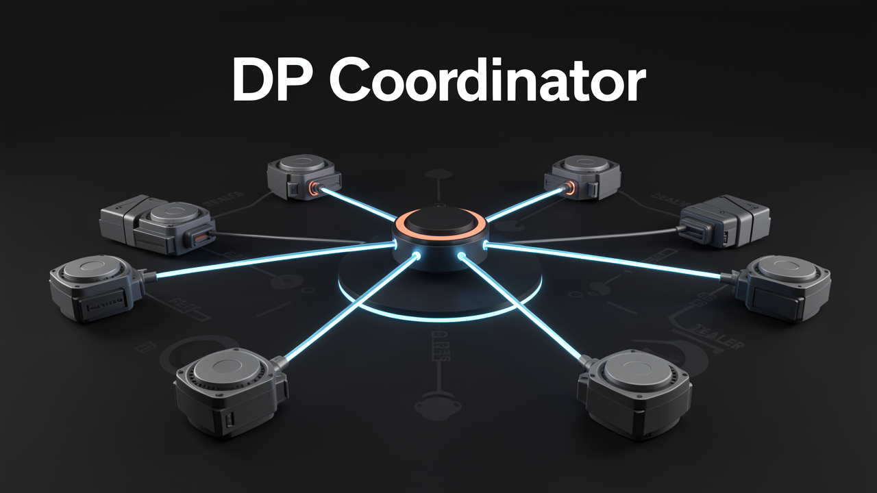 A central DP Coordinator node load-balancing glowing request streams across four lockstep engine core replicas in a vLLM data parallel deployment.