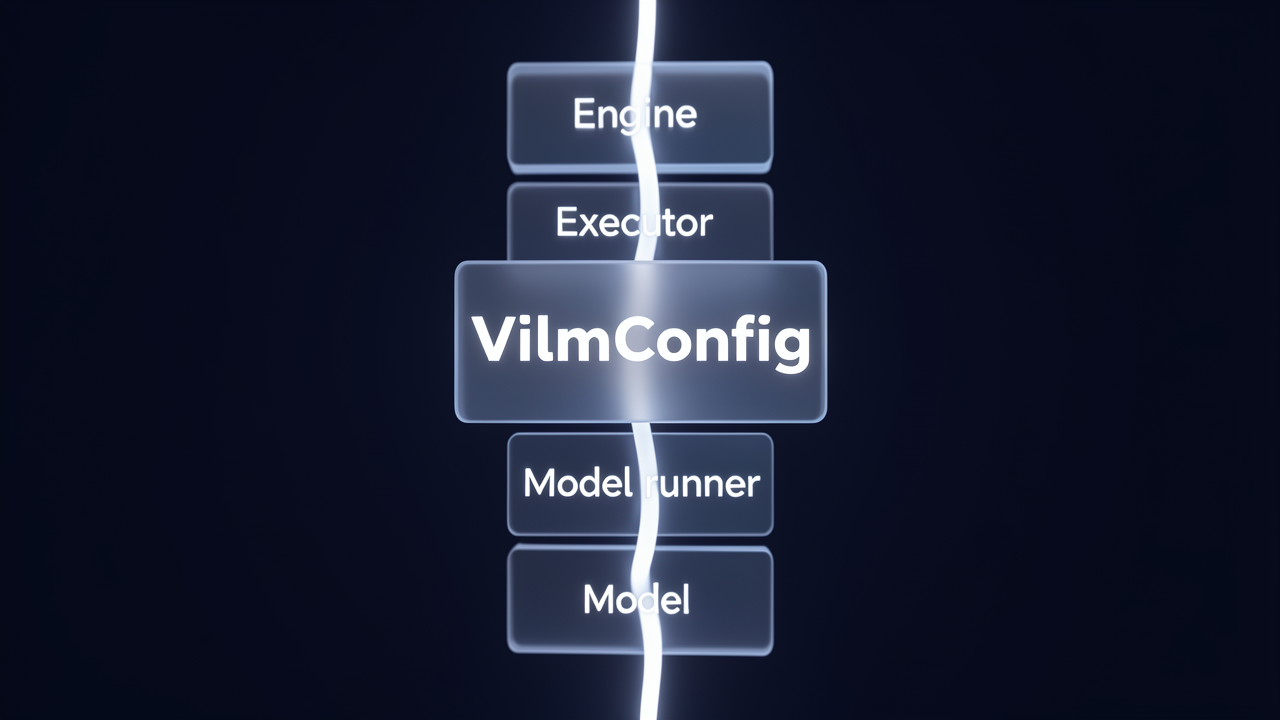 A single VllmConfig document threading through engine, executor, worker, and model cards in vLLM's class hierarchy, visualized as a glowing ribbon passing through rings.