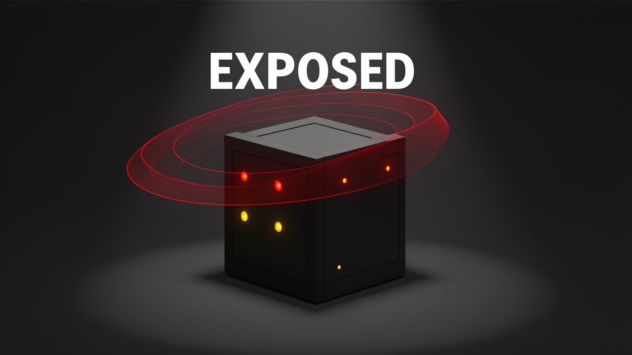 A radar sweep highlighting five open ports on a dark server, three marked in warning color, illustrating the attack surface bots find when scanning an unhardened VPS.