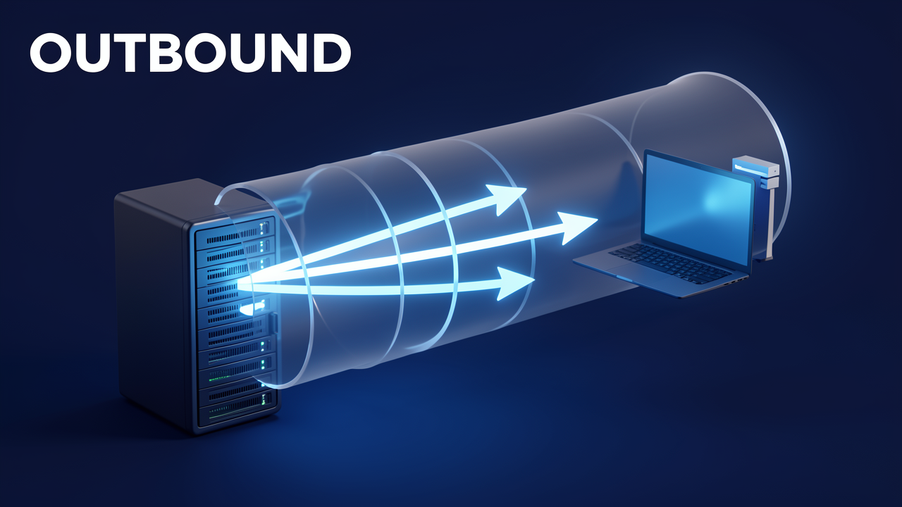 A server sending outbound connection arrows through a tunnel toward a laptop and coordination node, showing how Tailscale devices only dial outward so no inbound firewall rules are needed.