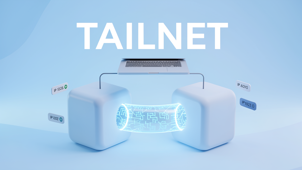Two servers linked by a glowing encrypted tunnel while a laptop accesses both privately, representing a two-server tailnet setup with all services bound to tailnet IPs.