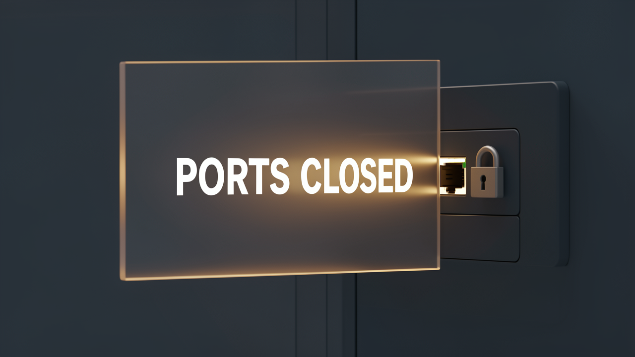 A translucent firewall wall closing over a server port slot with a padlock engaging, symbolizing removal of the public SSH rule while tailnet access continues to work.