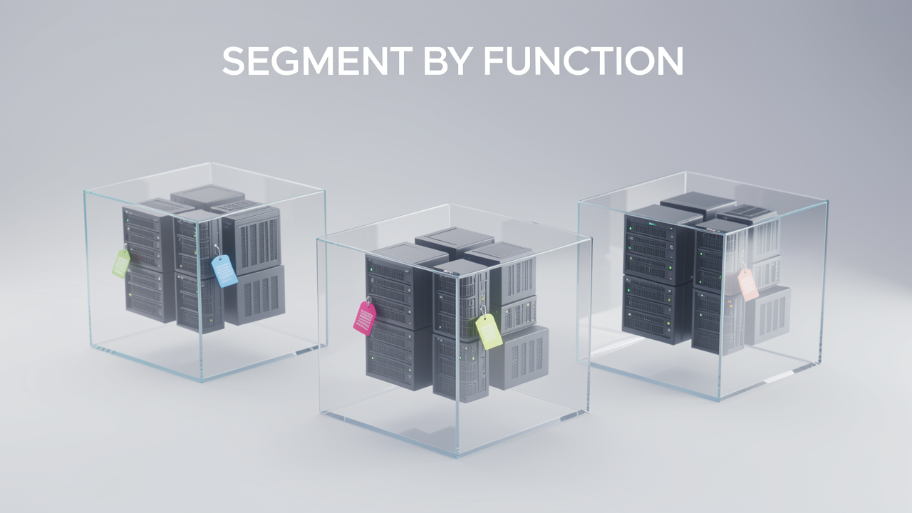 Server groups isolated in separate glass compartments with role tag badges attached, illustrating tailnet segmentation where tagged devices cannot reach other segments.