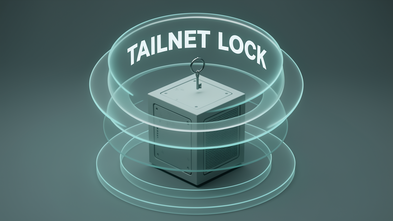 A server enclosed by concentric shield rings with a rotating key above, symbolizing key expiry, device approval, and Tailnet Lock as hardening layers for the private network.